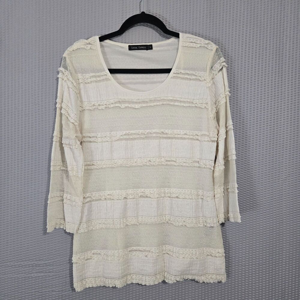 Casual Corner Cream Lace-Trim Scoop Neck Blouse